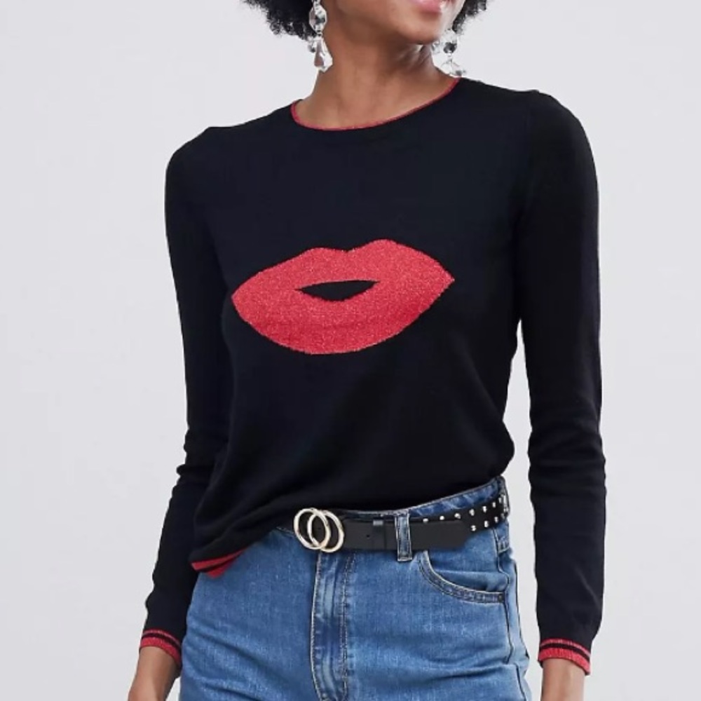 ASOS Oasis Crew Neck Sweater with Lips print Black/Red